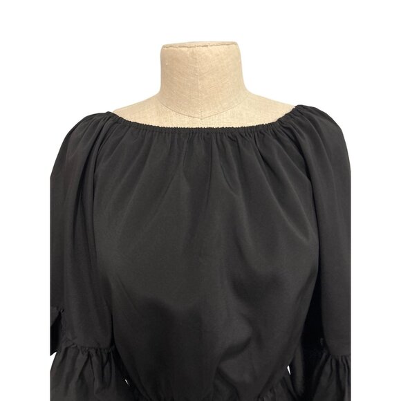 Black Off-Shoulder Peasant Blouse With Ruffled Sleeves Cute Fun Top - Picture 5 of 8